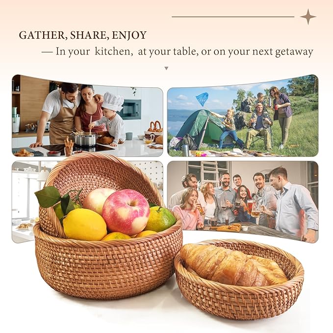 10.2" Large Rattan Wicker Bread Basket, Fruit Basket for Kitchen Counter | Handwoven Natural Food Baskets, Well-Made & Sturdy Bread Baskets for Serving, Versatile for Fruit, Vegetable & More (Round)