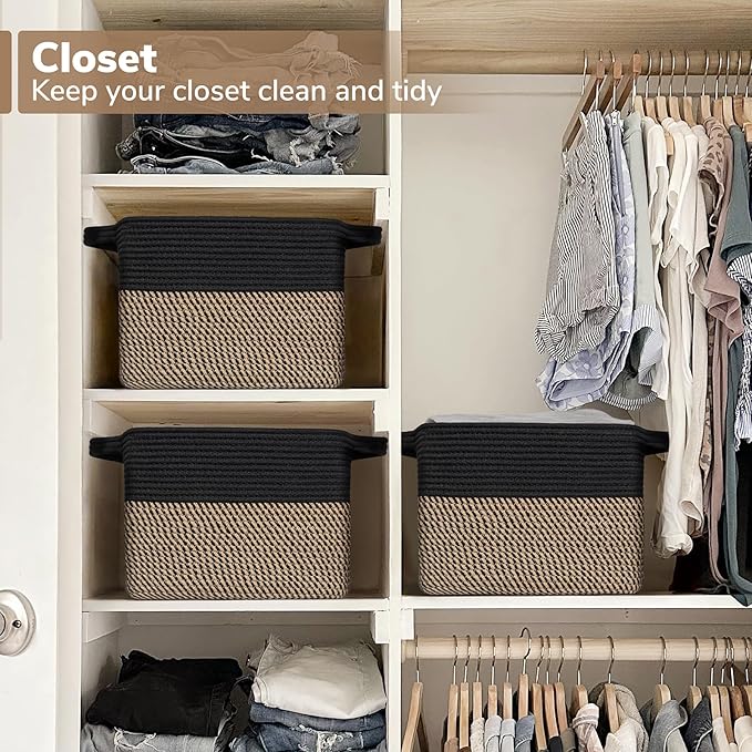 Goodpick Woven Storage Basket for Shelves, 13" x 10" x 9", Black Jute | Stylish Gift Basket for Office & Home, Wicker Baskets for Books, Toys & Towels Storage, Nursery & Bedroom Closet Organization