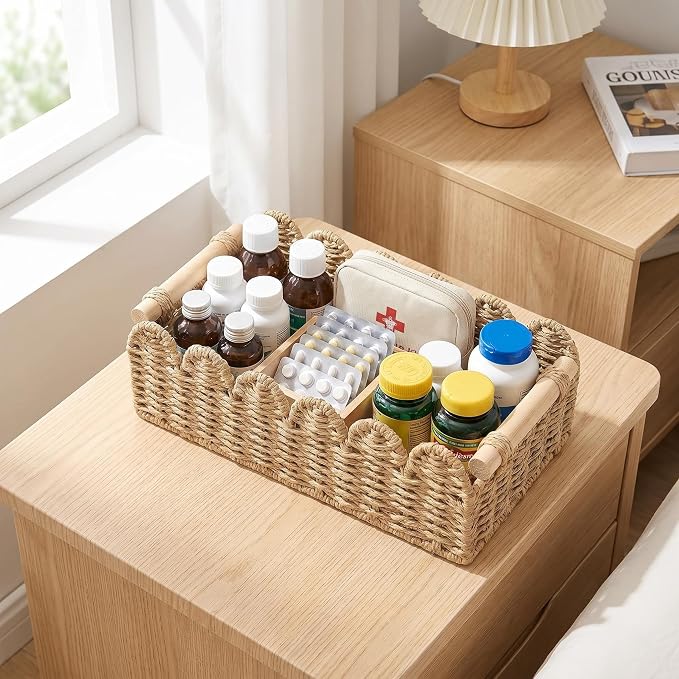 Handwoven Paper Rope Storage Basket, Scalloped Edge Decorative Organizer with Wooden Handles, Multifunctional basket for Bathroom Toilet Paper, Bedroom,End Table, Shelf and More Decoration (M)