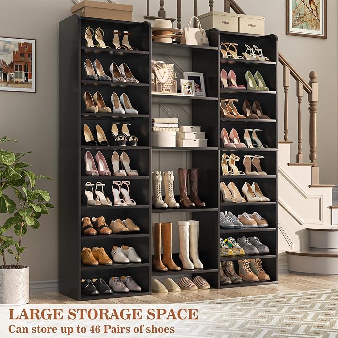 Unikito 14-Tier Shoe Cabinet, Wood Storage Organizer for Entryway, Black | 22 Open Cubbies, Freestanding Footwear Rack Shelf for Front Door Entrance, Living Room, Hallway, Bedroom, Home Wooden