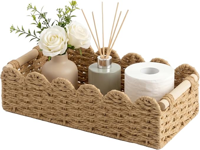 StorageWorks Toilet Paper Storage Basket, Toilet Basket with Wooden Handles, Small Wicker Decorative Scalloped Baskets for Organizing, Living Room, Top Tank, Brown Rope Baskets