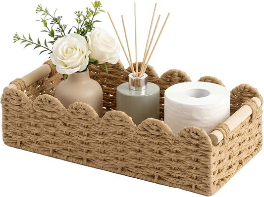 StorageWorks Toilet Paper Storage Basket, Toilet Basket with Wooden Handles, Small Wicker Decorative Scalloped Baskets for Organizing, Living Room, Top Tank, Brown Rope Baskets