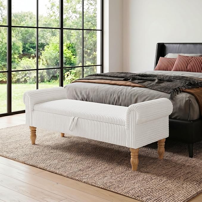 60" Corduroy Storage Bench, Queen End of Bed, White | Corduroy Upholstered, Bedroom/Entryway/Closet, Storage Ottoman Bench, Window Seat, Lift-Top, Tufted Button, Solid Wood Legs.