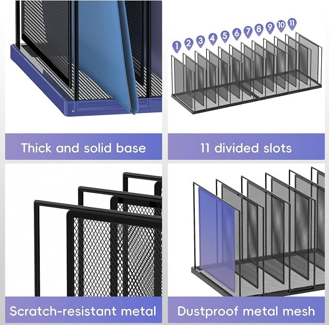 File Organizer for Desk, 11-Section Vertical File Sorter, Paper Holder Organizer Standing Metal File Folder for Office Home Classroom, Black