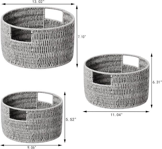 Wicker Storage Basket, Hand-Woven Paper Rope Large Round Woven Basket With Handles, Wicker Baskets for Organizing/Storage, Grey, 3-Pack