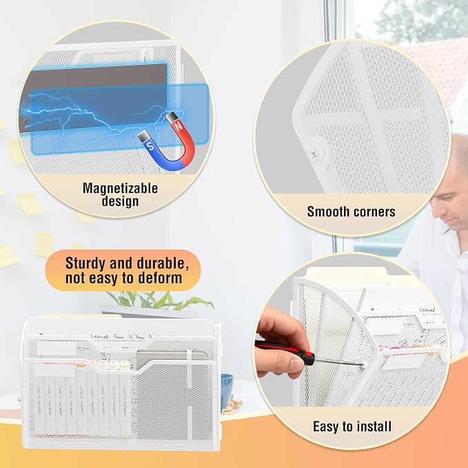 Docnest 3 Pack 3 Tier Dual-Mount Magnetic Mesh File Holders, Wall Organizer | Mount magnets or screws. 2-in-1 hanging mesh mail letter organizer with hooks for office and home clutter