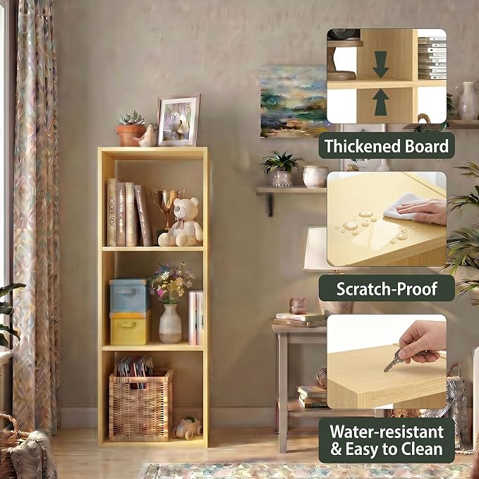 WannabeMyself【Sturdy Build&Easy Assembly】3 Cube Storage Organizer with Anti-Tipping Kits,Reversible Open Back Book Shelf, Bookcase for Living Room,Bedroom,Entrance Hall,Office,12.2×11.4×35.9,Oak Color