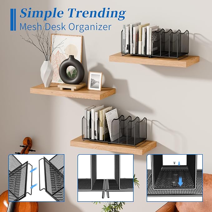 Simple Trending 2 Pack Mesh Desktop File Sorter Organizer, 7-Section Bookshelf For Desk Home Office, Black