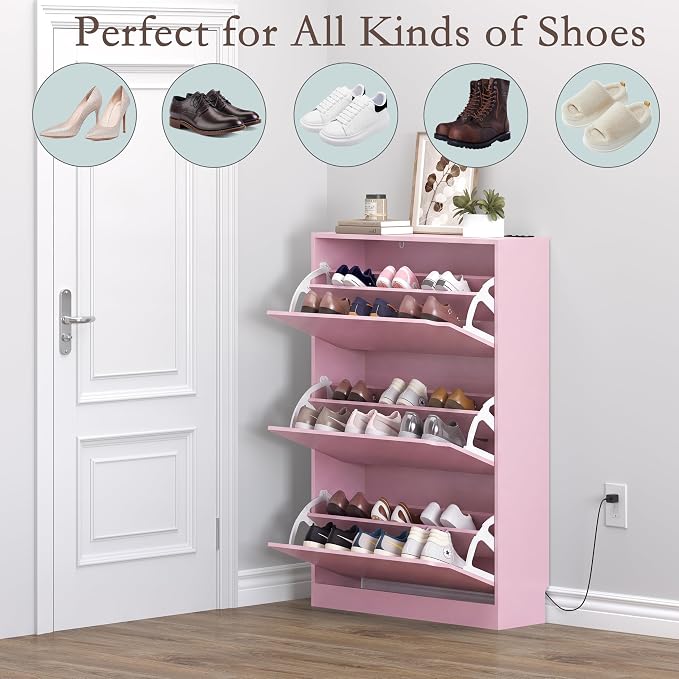 BORNOON Shoe Cabinet with Odor Control and Back Panels, Deodorizing Slim 3-Flip Shoe Storage Cabinet for Entryway, Freestanding Hidden Shoe Rack Organizer for Entrance, Hallway, Bedroom