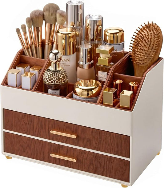 Lolalet 3-Layer PU Leather Makeup Organizer for Cosmetic Vanity -Walnut | Large Bedroom Dsek Countertop Cosmetic Organizer with Brush Holder, Skincare Storage for Lipsticks, Nail Polish, Perfume