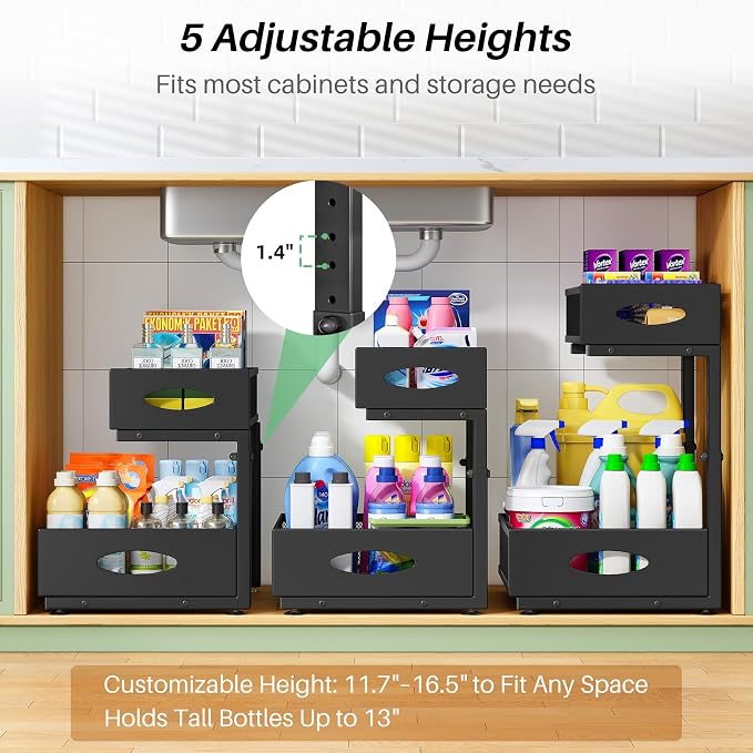 Under Sink Organizer, 2-Pack Pull Out Cabinet Organizer 2 Tier Metal Slide Out Storage Shelf Rack, L-Shaped Adjustable Height,Mesh Sliding Drawer for Kitchen, Bathroom, Laundry, Pantry, Black, XL