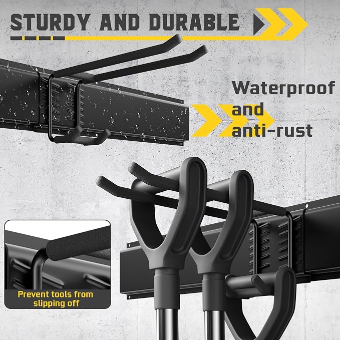 48" Garage Tool Organizer Wall Mount, 660lbs Heavy Duty Steel Garden Tool Storage Rack with 9 Adjustable Hooks for Yard, Shed, Garage (3 Racks, 9 Hooks, 2 Straps)