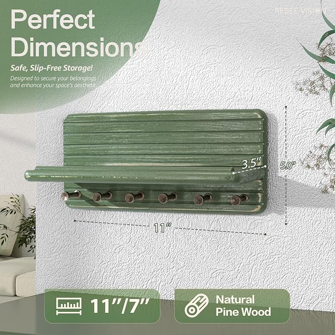 Rebee Vision Key Holder Wall Mount with 6 Key Hooks for Room Decor, Green | Pine Wood, 6 Key Hooks, Key Holder for Wall, Floating Shelf, Mail Organizer, Apartment Essential for Room Improvement