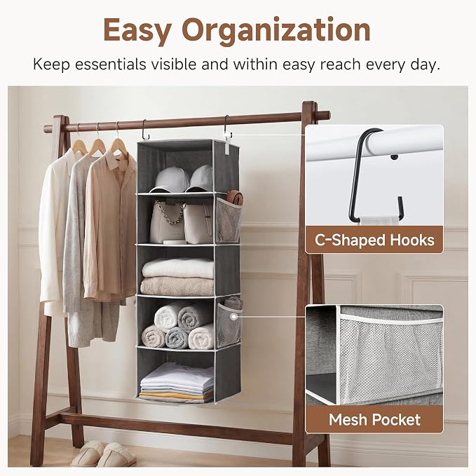 StorageWorks Hanging Closet Organizer, 5-Shelf Hanging Shelves with 2 Hooks, Foldable Space-Saving Design, Closet Organizers and Storage for Bedroom, Dorm, Locker, Gray