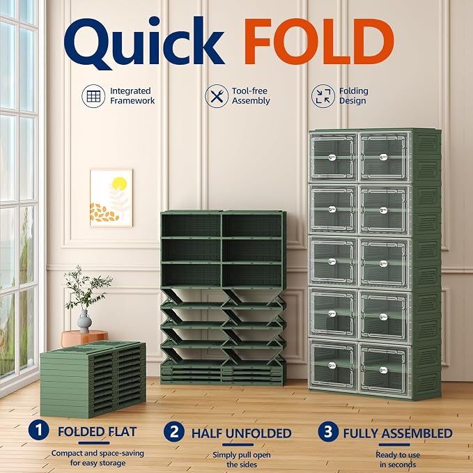Foldable Shoe Cabinet with Magnetic Clear Doors, Wide Design Shoe Rack for Entryway, Portable Shoe Organizer Meeting Diverse Storage Needs (Green, 2Row 4Tier)