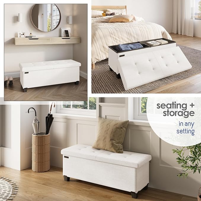 Storage Ottoman Bench with Bins, 43-in Storage Bench for Bedroom End of Bed, Folding Foot Rest Ottoman for Living Room Max 660lbs, Fabric Ottomans, Beige