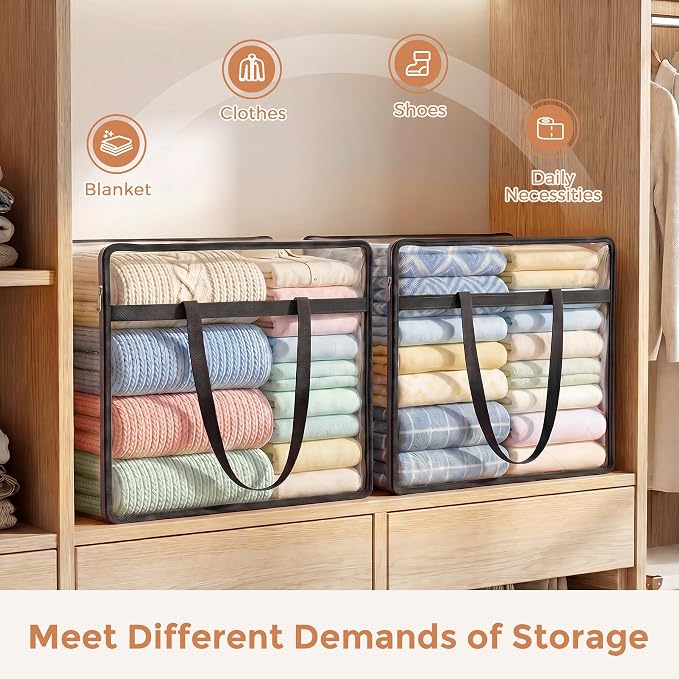 4 Pack Clear Storage Bags for Clothes, 40L Closet Organizers and Storage | Plastic storage with zipper and handle, moving bags, under-bed storage, closet organizer for blankets, comforters, toys
