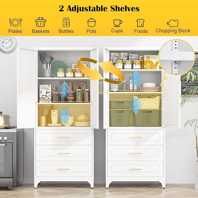SteeLoong 75”Kitchen Pantry Cabinet, Metal Storage Cabinet with 3 Drawers | White Pantry Cabinets for Kitchen Storage with 2 Adjustable Shelves,Tall Freestanding Cupboard for Living Room,Kitchen,Garage