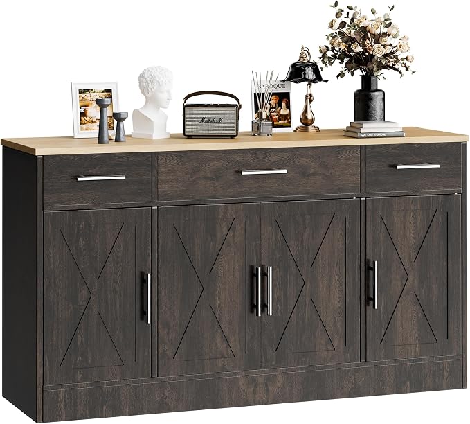 Kitchen Buffet Sideboard Cabinet, Farmhouse Storage Cabinet with 4 Doors and 3 Drawers, Wooden Base Cabinet with Adjustable Shelf for Living Room, Brown