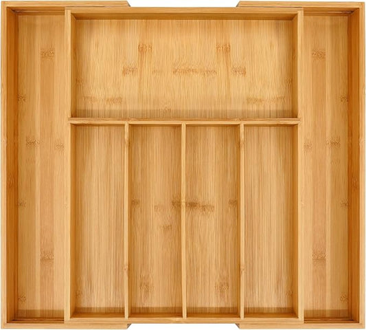 VaeFae Bamboo Drawer Organizer, Large, Natural | Expandable Silverware Organizer, Kitchen Utensil Storage, Wooden Cutlery Tray with Dividers, Fork and Spoon Holder