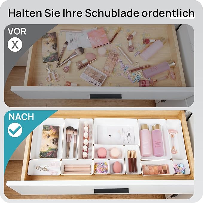 Vtopmart 25 PCS Plastic Drawer Organizers Set, 4-Size Versatile Bathroom and Vanity Drawer Organizer Trays, Storage Bins for Makeup, Bedroom, Kitchen Gadgets Utensils and Office | 4-Size Versatile Makeup Organizer, Storage Containers Small Bins for Mak...