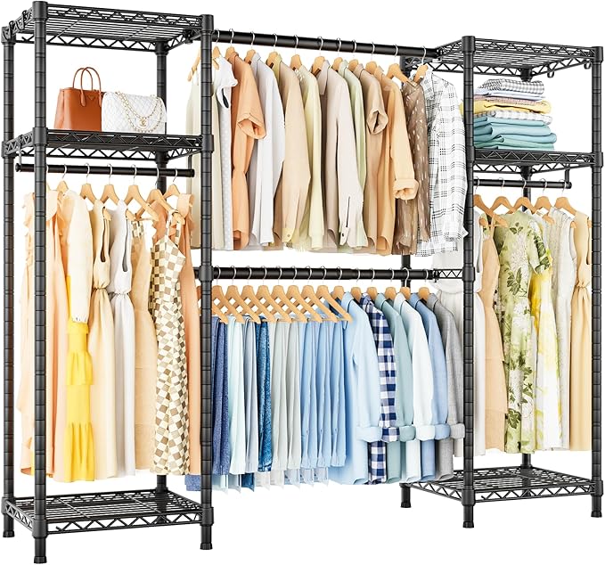 Ulif E7 Garment Rack, Heavy Duty Clothes Storage System with Extendable Hangers Rods, Metal Clothe Rack with 6 Wire Shelves, (52.3"-72") W x 14.5" D x 71.2" H, Load 838 LBS | Metal Clothing Rack with 6 Wire Shelves, Freestanding Portable Closet Wardrob...