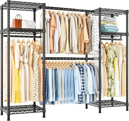 Ulif E7 Garment Rack, Heavy Duty Clothes Storage System with Extendable Hangers Rods, Metal Clothe Rack with 6 Wire Shelves, (52.3"-72") W x 14.5" D x 71.2" H, Load 838 LBS | Metal Clothing Rack with 6 Wire Shelves, Freestanding Portable Closet Wardrob...