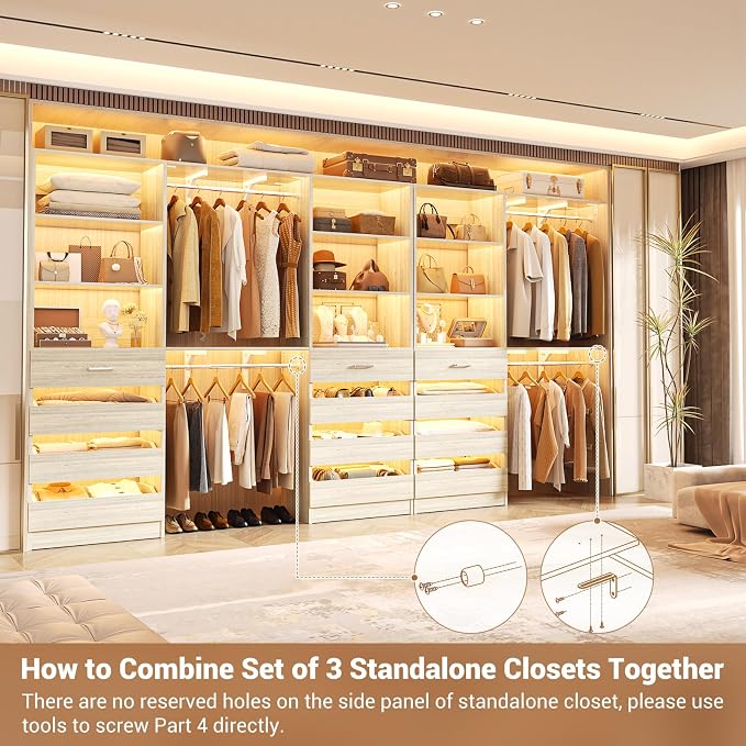 Aheaplus Closet System Set of 3, 138.5" Wood Closet Organizer System Tower with 12 Drawers & 4 Hanging Rods, 6.7+4.85Ft L Shaped Walk-in Closets Wardrobe Organizer Garment Rack with Shelf, White Oak3