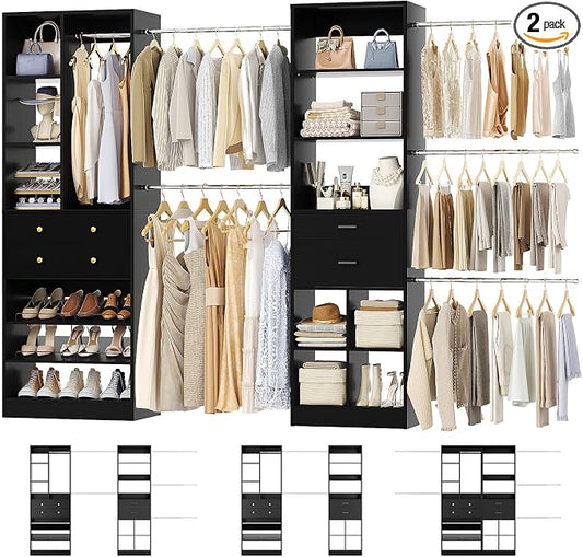 Besiost Closet System, Up to 128.6"/10.7 FT Closet Organizer with 4 Wooden Drawers and Shelves, Walk-in Closet System with 6 Hanging Rods, Built-in Closet Can Fit 96"/8FT, 120"/10FT, Black Set 2