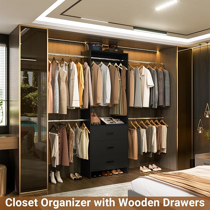 Aheaplus Closet System With 3 Wooden Drawers, Walk-in Wardrobe Organizer, Clothes Rack With 4 Hanging Rods, Garment Rack, -4R, Black
