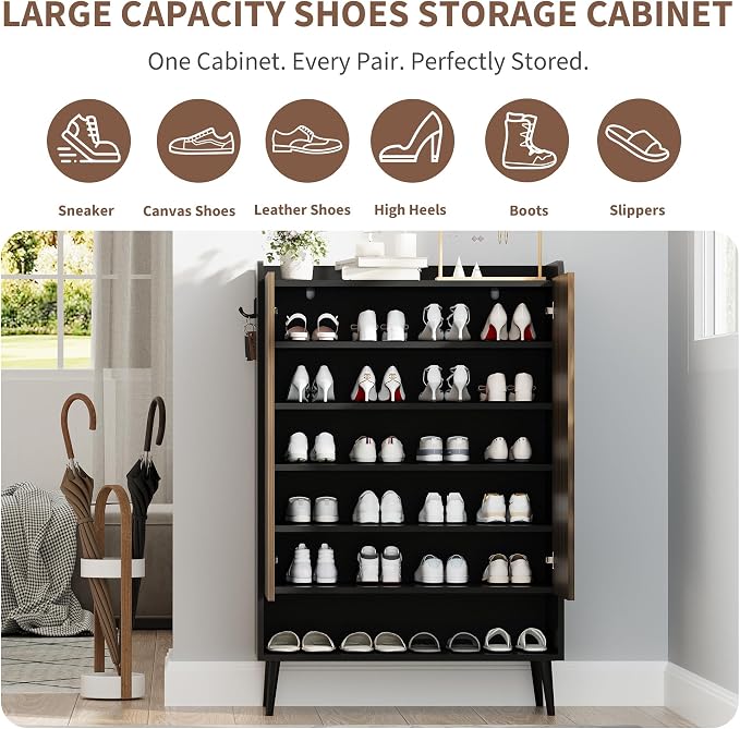 GarveeHome Shoe Cabinet, Large Shoe Cabinet with 2 Doors, Adjustable Shelves, Shoe Organizer with Doors for Hallway, Entryway, Living Room, Black+Nut-Brown