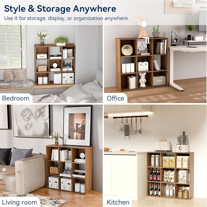 Whitmor 9 Cube Storage Organizer, Open Storage Display Bookshelf, Storage Cabinet for Living Room, Bedroom, Home, Office, Walnut