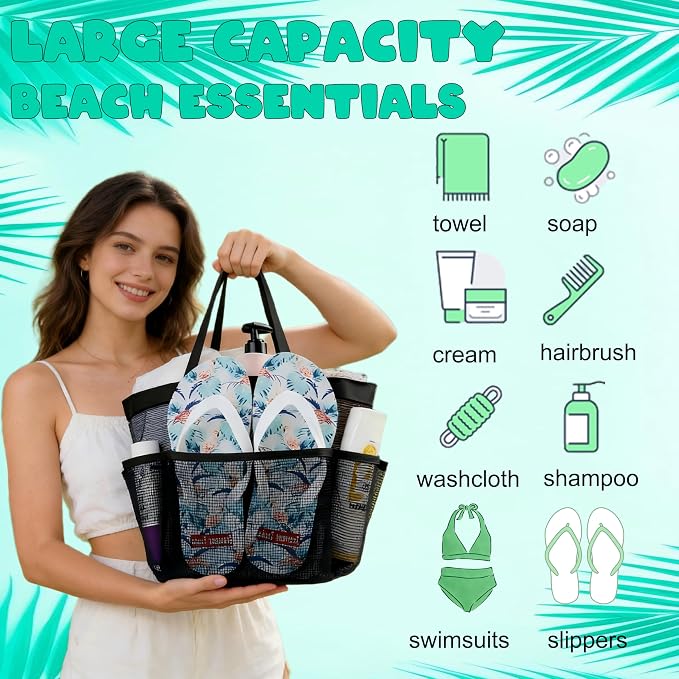 Mesh Shower Caddy Portable - 9 Pockets for College Dorm Room Essential | Large Capacity Mesh Shower Caddy with 9 Pockets, Portable Hanging Toiletry Bag for College Dorm, Gym, Camping and Beach