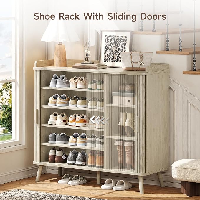 Shoe Cabinet with Sliding Door, 5-Tier Hidden Shoe Rack with Adjustable Shelves, Wooden Shoe Storage Organizer with Open Bottom Space, Freestanding Shoe Shelf for Entryway (Natural White)