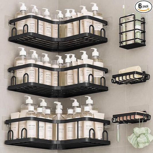 Veken Large Capacity Corner Shower Caddy 6-Pack, Advanced Rustproof Design | No Drilling Adhesive Shelves, High-Load Rack with Soap Dishes & Toothbrush holder, Bathroom Organizers and Storage, Black