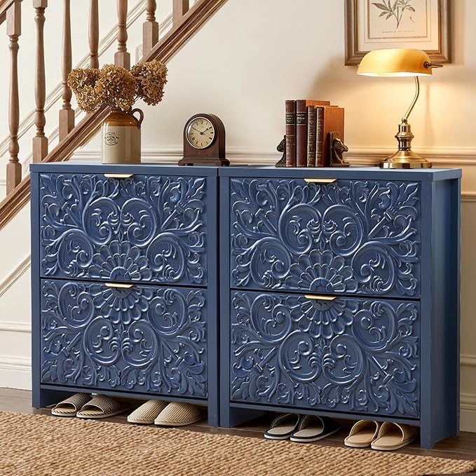 weselon Flip Drawer Shoe Cabinet Set of 2, Narrow Shoe Storage Cabinet, 2-Tier Hidden Shoe Organizer with Carved Floral for Entryway, Slim Shoes Storage for Hallway Foyer (2, Midnight Blue)