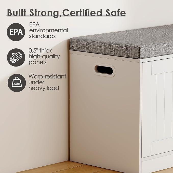3-Tier Shoe Storage Bench with Adjustable Shelf, Large Capacity Entryway Shoe Bench with Thickened Padded Seat Cushion and 3 Doors for Entry, Bedroom, Hallway (White,42.5 * 14in)