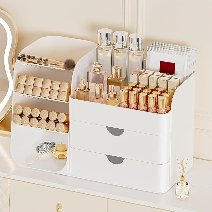 Booklov Small Makeup Organizer for Vanity Countertop, White | Plastic Cosmetic Display Case with Drawers, Beauty Brush Holder for Bathroom Counter, Skin Care Perfumes Storage