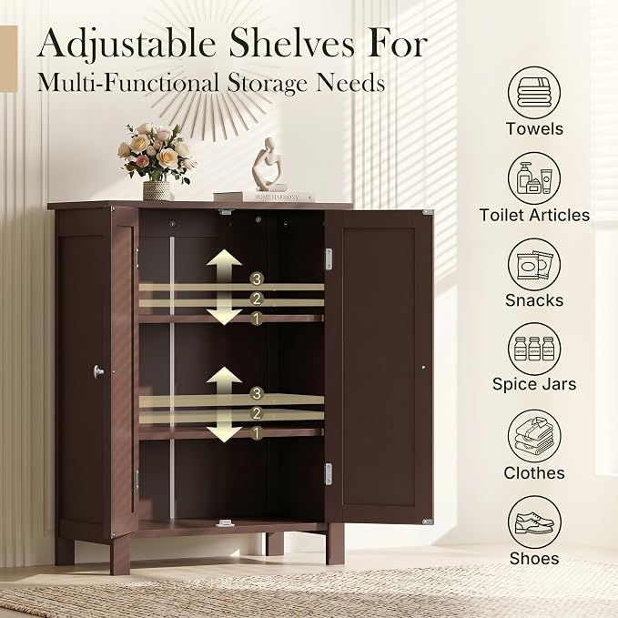 SUPER DEAL Modern Bathroom Floor Storage Cabinet with Adjustable Shelf and Double Door Rust Proof, Living Room Modern Home Furniture Storage Organizer Cabinet, Brown