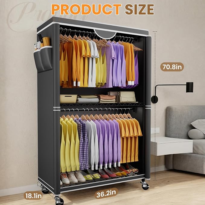 Clothes Rack With Cover, Heavy Duty Clothing Rack for Hanging Clothes | Rolling Garment Rack with Lockable Wheels, Metal Clothing Rack, Portable Closet 35.4"W x 17.1"D x 71.8"H, Hold 425 lbs, Black