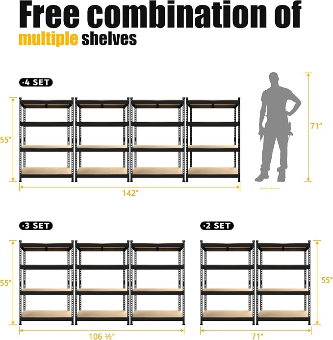 PrimeZone 71"H Storage Shelves, 5 Tier Adjustable Metal Shelf, 2 PCS, Black | 35.5"W x 15.75"D x 71"H, Heavy Duty Metal Connectors, FSC Wood Board, Easy Assembly, Standing Rack for Warehouse, Basement