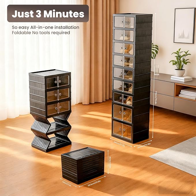 Foldable Shoe Organizer Storage Box Set of 2, Portable Extra Large Folding Shoe Rack for Closet, Shoe Storage Box with Magnetic Transparent Door and Wheels, 9 Layers 18 Grids with 4 Big Grids