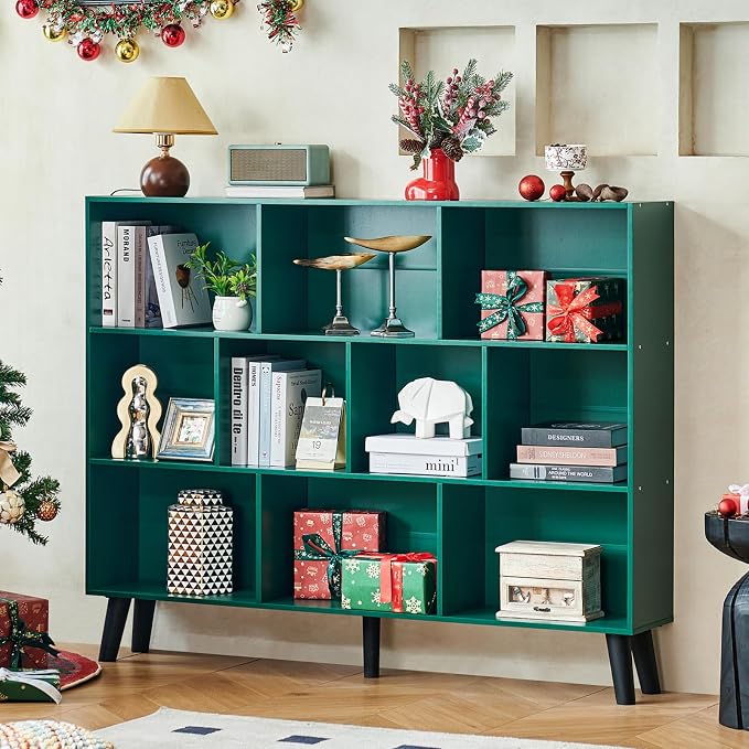 LEYAOYAO 10 Cube Bookshelf,Mid-Century Modern Bookcase with Legs,Dark Green | 3 Tier Book Shelf, 55" Wide Rustic Wood Bookshelves Large Storage Organizer, Open Shelves for Bedroom, Living Room, Office