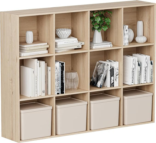 VDNEND Wooden Cube Storage Organizer with Closed Back Panel, 11in Cube Shelf Opening, Bookshelf, Display Shelf,Closet Cabinet for Home and Office (White Oak, 12-Cube 35.98L*9.45W*47.72H)