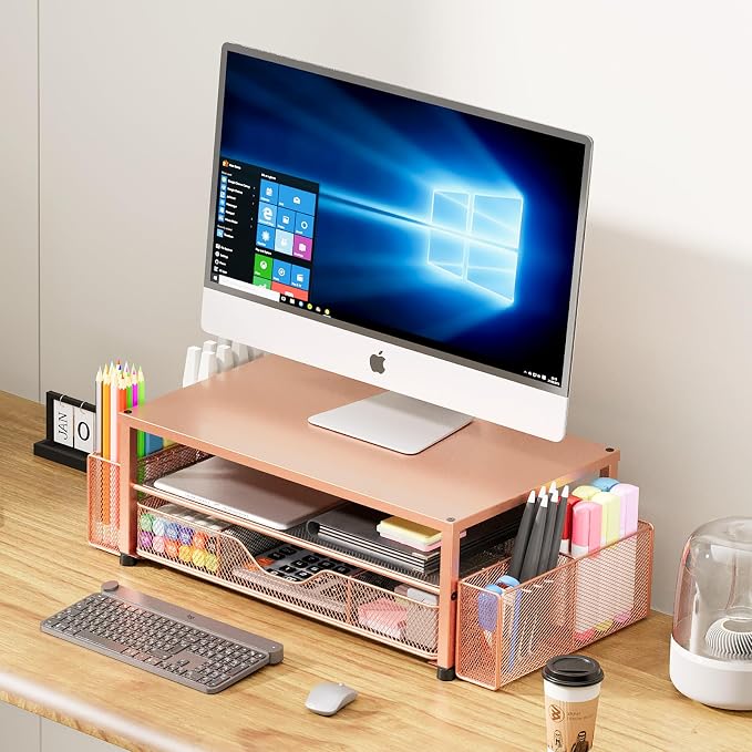 OPNICE Desk Organizer and Accessories, 2-Tier Computer Monitor Stand Riser with Drawer and 2 Pen Holders, Laptop Stand, Office Desk Accessories for Office Supplies, 1 Pack, Rose Gold