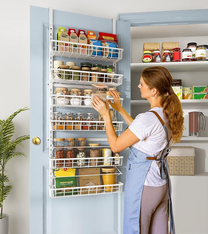 Mefirt Over The Door Pantry Organizer, Wall Mount Spice Rack 6-Tier White | Pantry Hanging Organizers and Storage, Adjustable Baskets Heavy-Duty Metal for Home & Kitchen, Back of Door Seasoning Rack