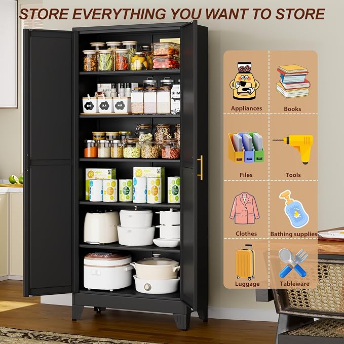 75" Black Metal Storage Cabinet with 2 Doors and 5 Adjustable Shelves,Steel Garage Tool Cabinet, File Cabinet,Kitchen Pantry Cabinet for Home,Office,Garage,School,Warehouse