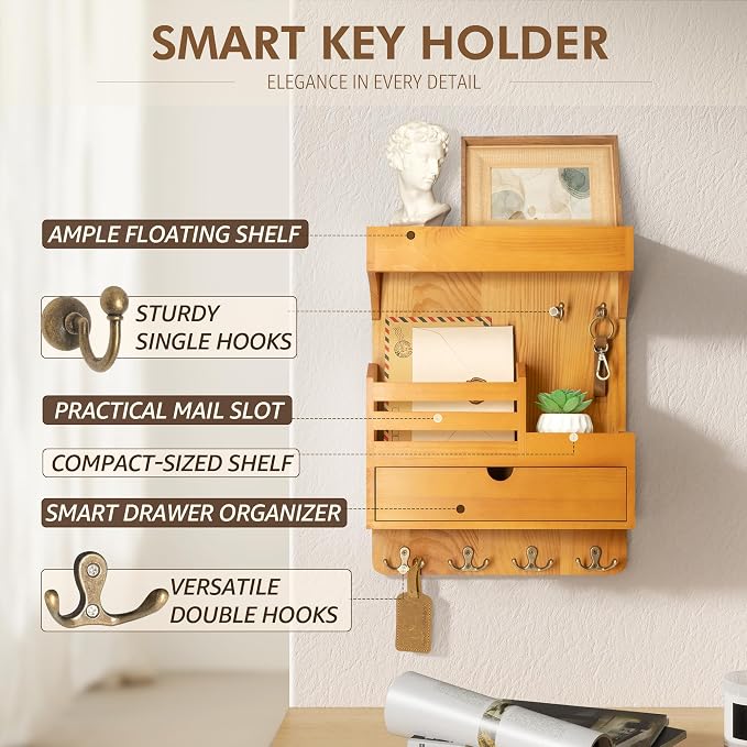 Rebee Vision Key Holder Wall Mount with Drawer for Home Decor, Light Brown | Key Holder for Wall, 6 Key Hooks, Floating Wall Shelf, Drawer Organizer, Mail Sorter, Room Decor Aesthetic
