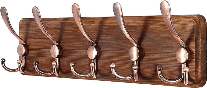 SKOLOO Rustic Pine Wood Wall Coat Rack with 5 Triple Hooks, 16" Stud Spacing, Farmhouse Wall Mounted Coat Rack for Hanging Backpack, Jacket, Hat