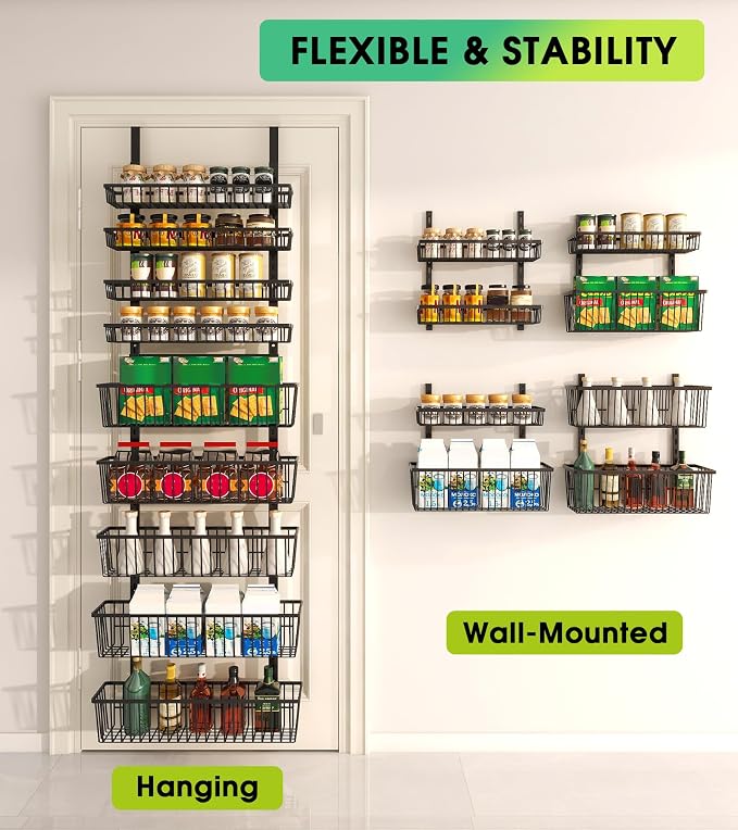 Mefirt 9-Tier Over The Door Pantry Organizer, Pantry Storage & Organization | Pantry Hanging Organizers and Storage, Adjustable Heavy-Duty Metal for Home & Kitchen, Back of Door Seasoning Rack